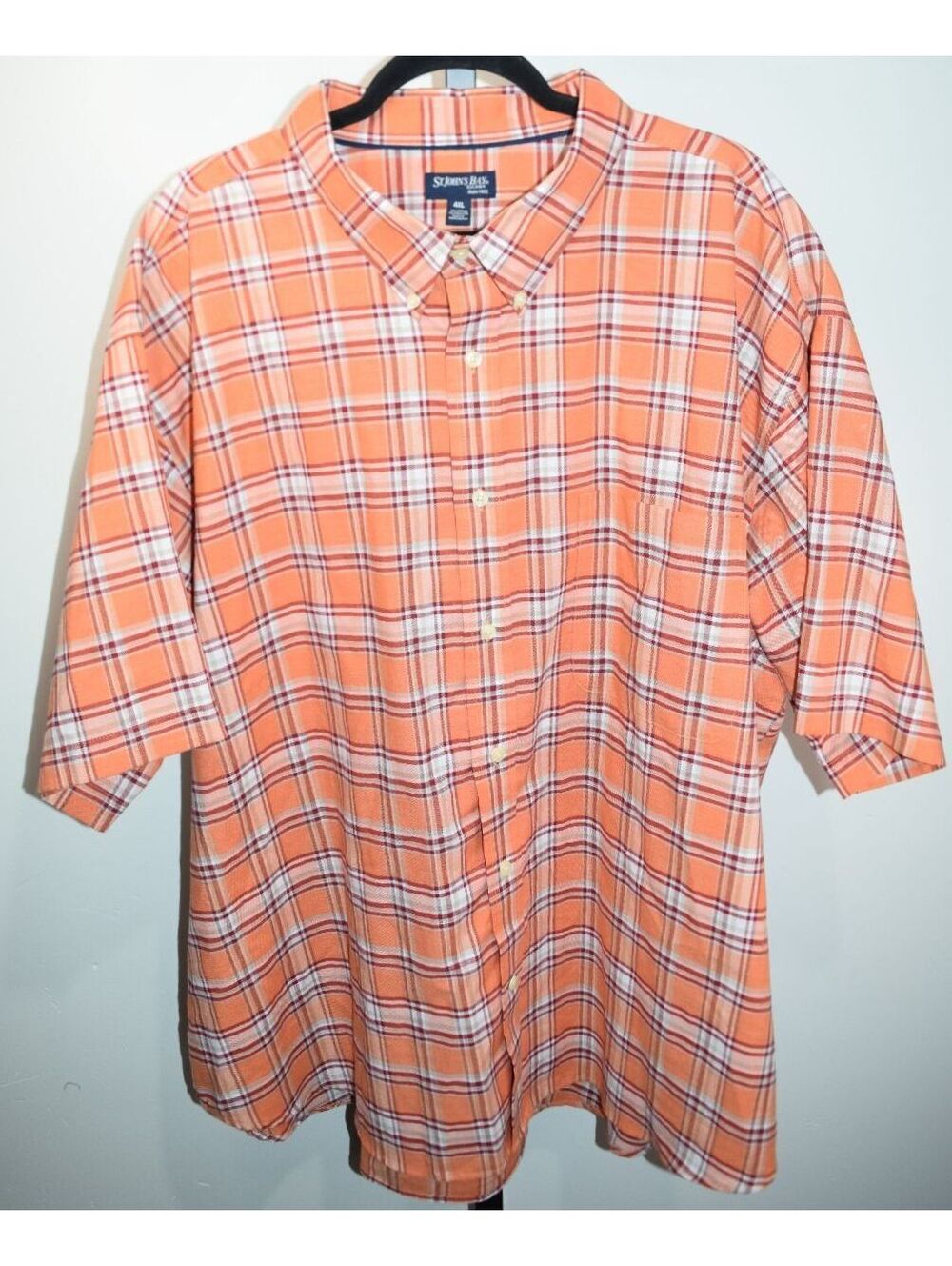 St. John's Bay Orange Red Plaid Short Sleeve Button Down Shirt 4XL Iron Free